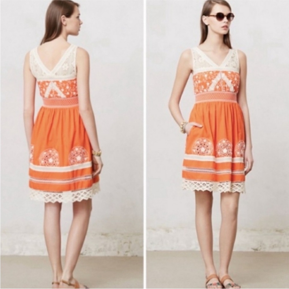 Anthropologie Moulinette Soeurs Orange Crochet Aniko Dress V-Neck Women’s Sz‎ 4